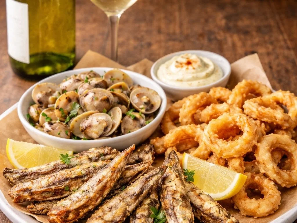 Almejas a la marinera, calamares y boquerones fritos
